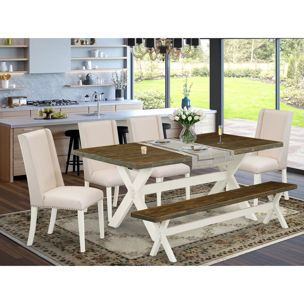 6-Pc Dining Table Set with Cream Linen Fabric Seat and Rectangular Top S85096