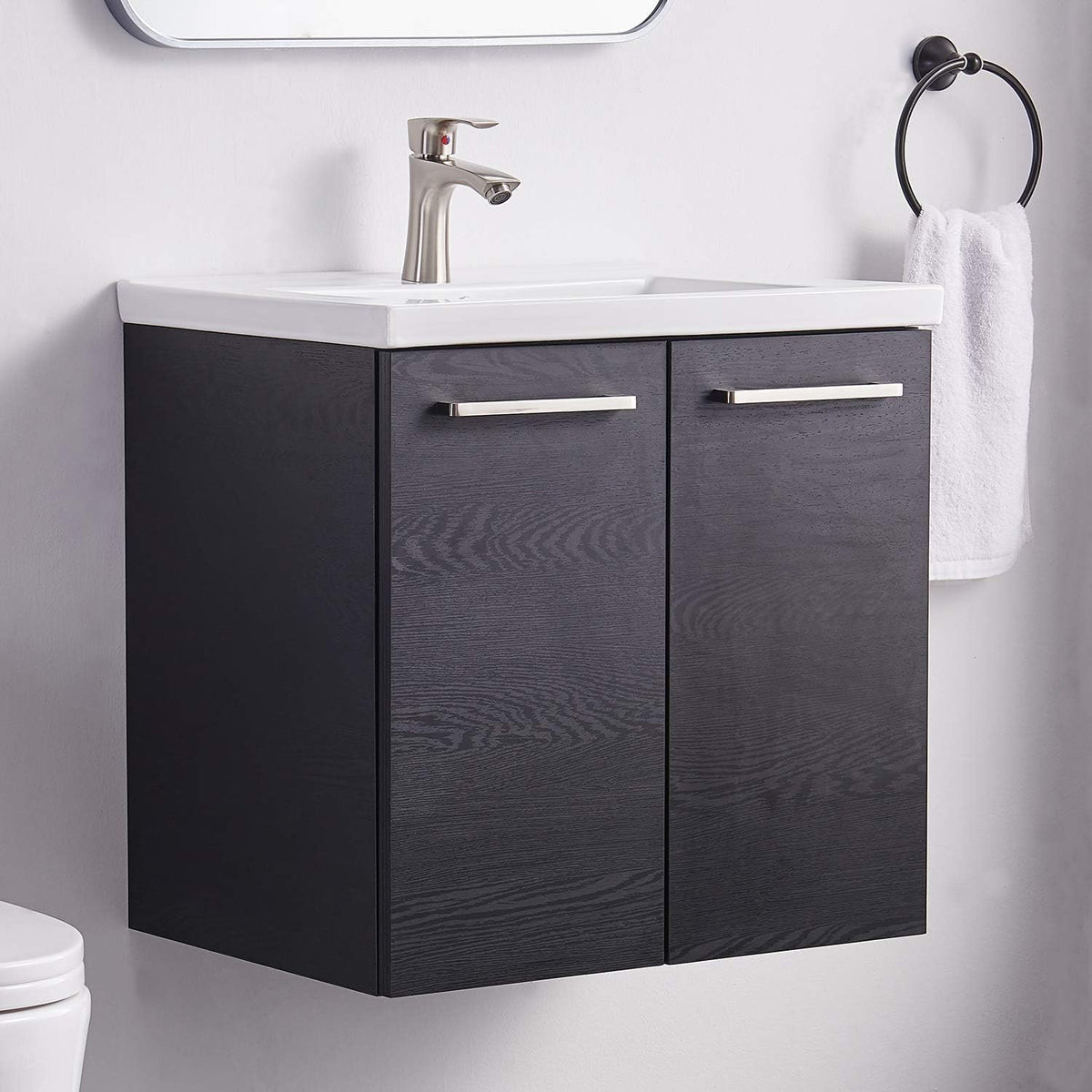 Grey Wood Grain 2-Door Bathroom Vanity with White Ceramic Sink V5436