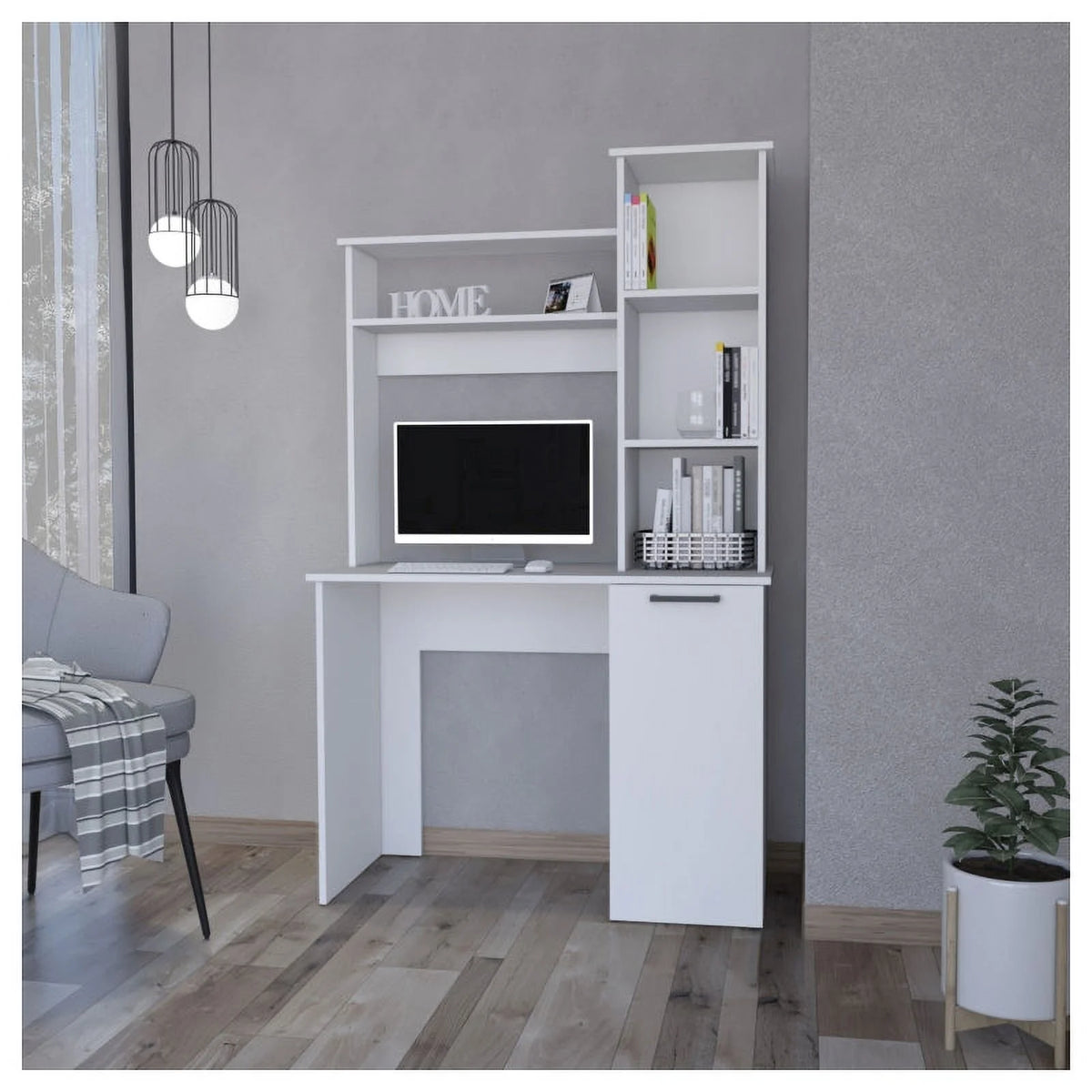 2-Piece Set with Computer Desk and Wood Bookcase in White W943