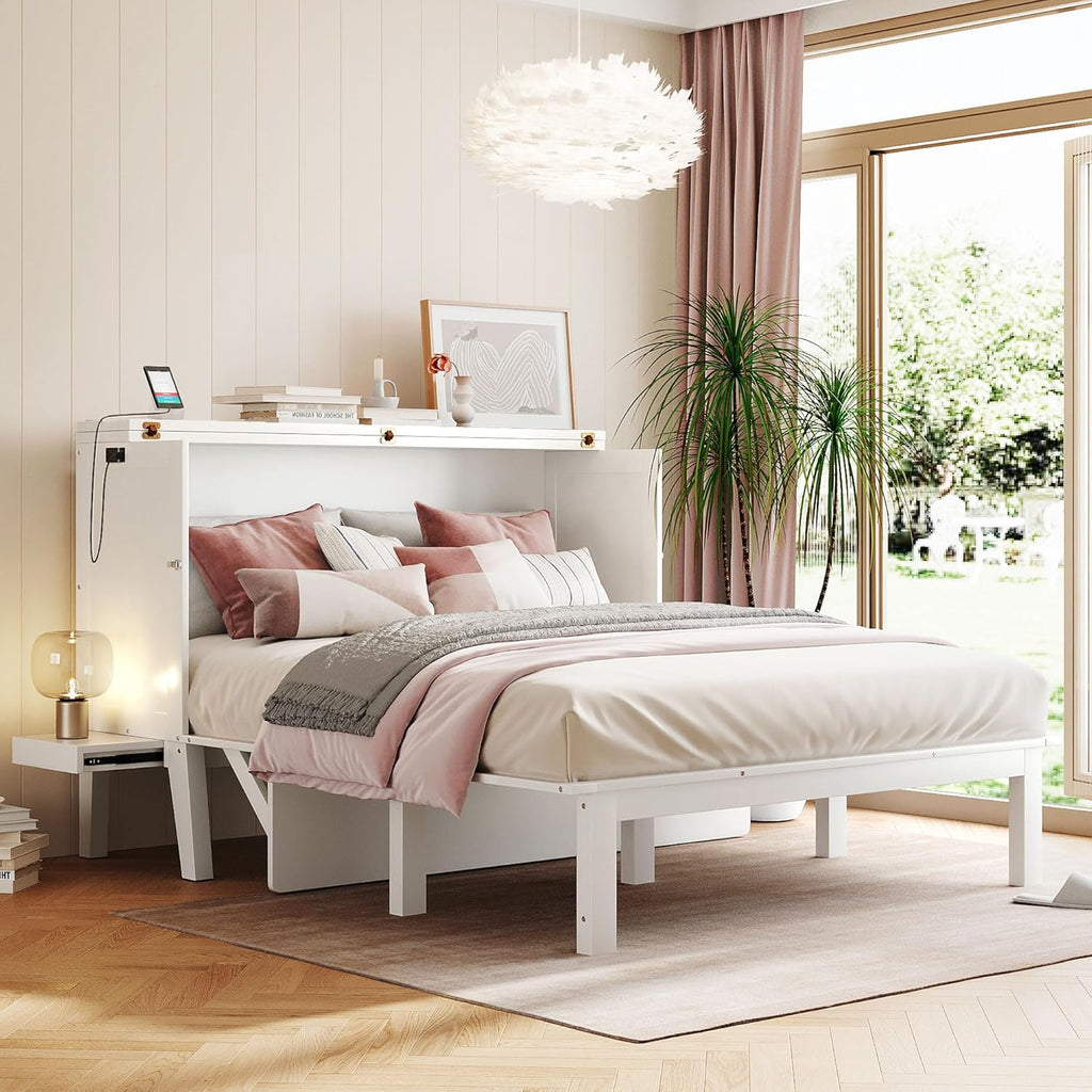White Queen Wooden Murphy Bed with Desk Board and Removable Shelves V454