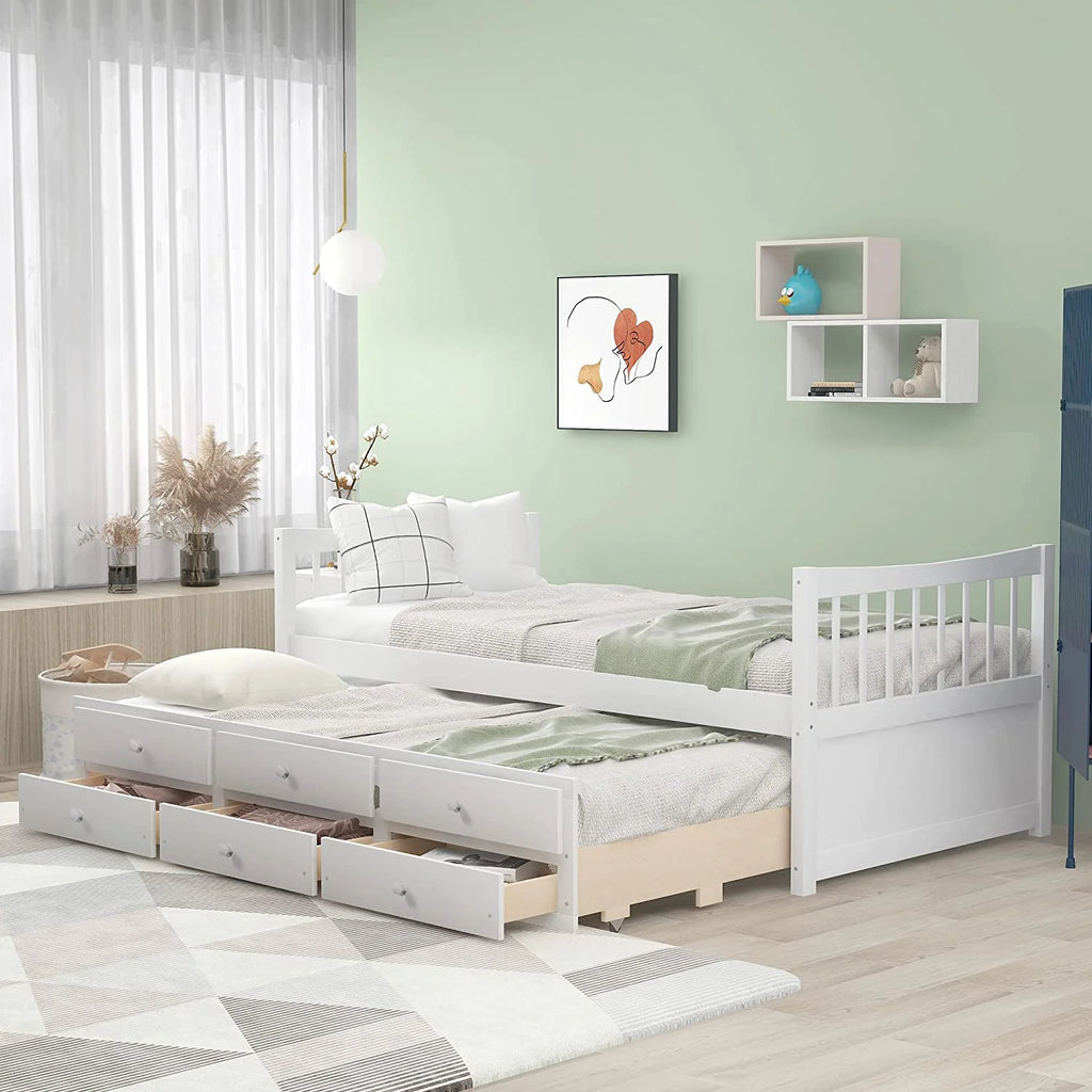 White Wood Daybed with Trundle and Drawers M21069