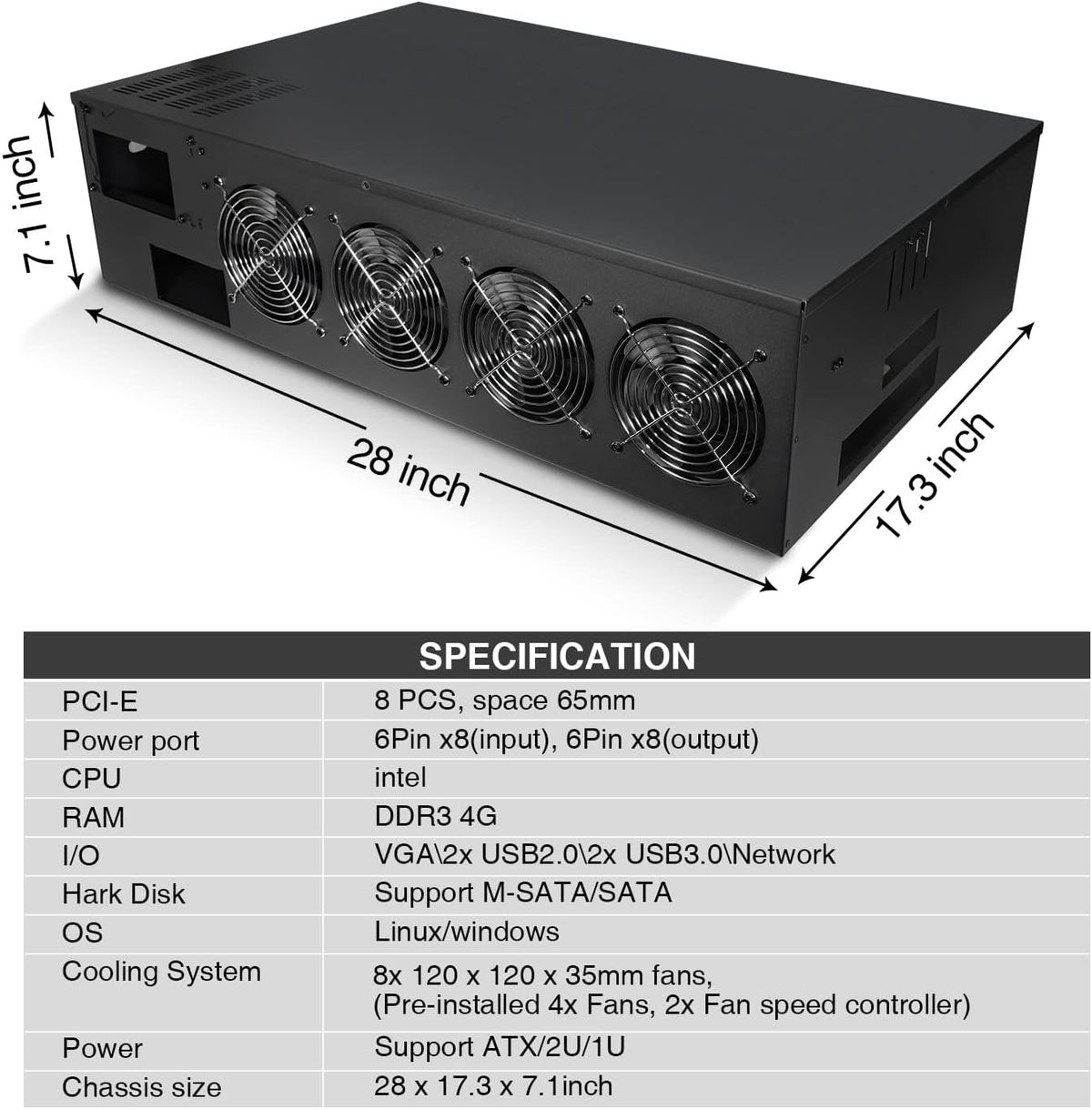 8 Ports GPU Mining Frame Case with 4 Cooling Fans Black A6328