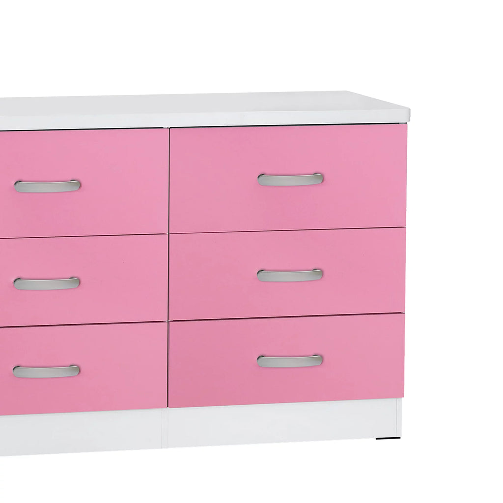 White & Pink 6 Drawer Wooden Double Dresser U1006