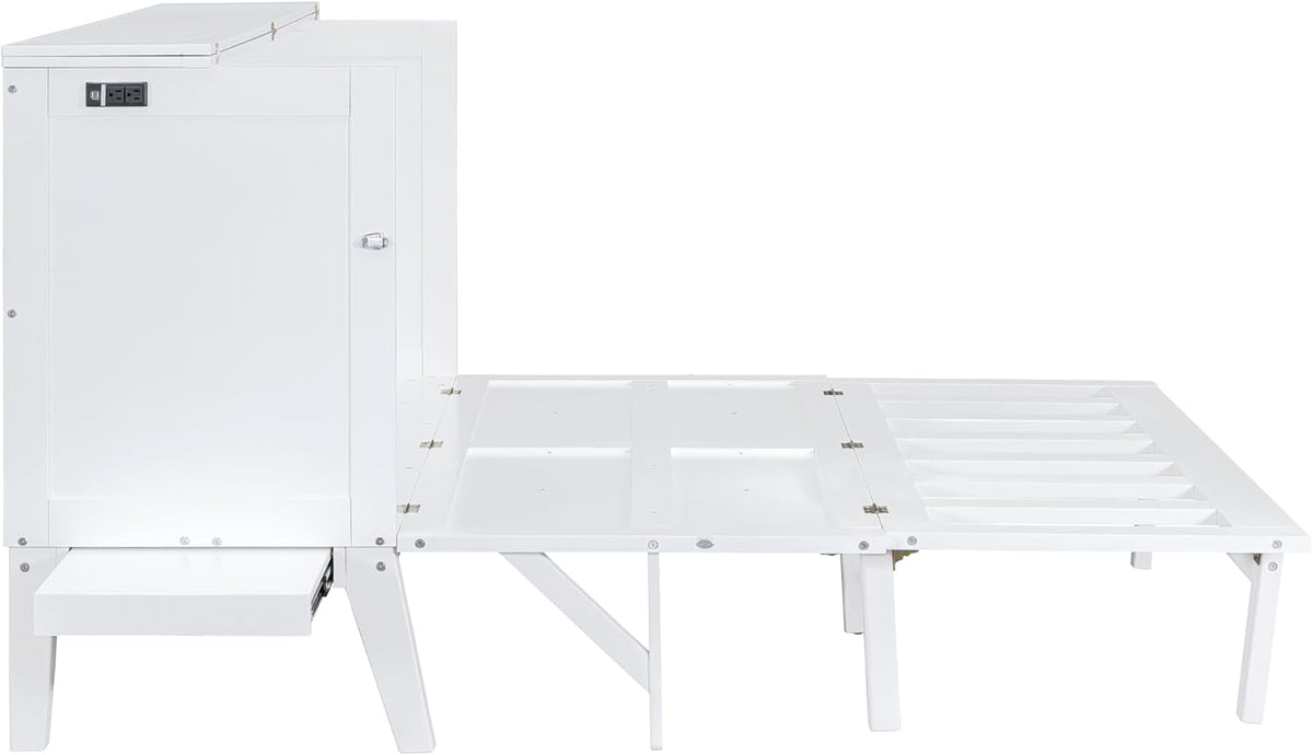 White Queen Wooden Murphy Bed with Desk Board and Removable Shelves V454