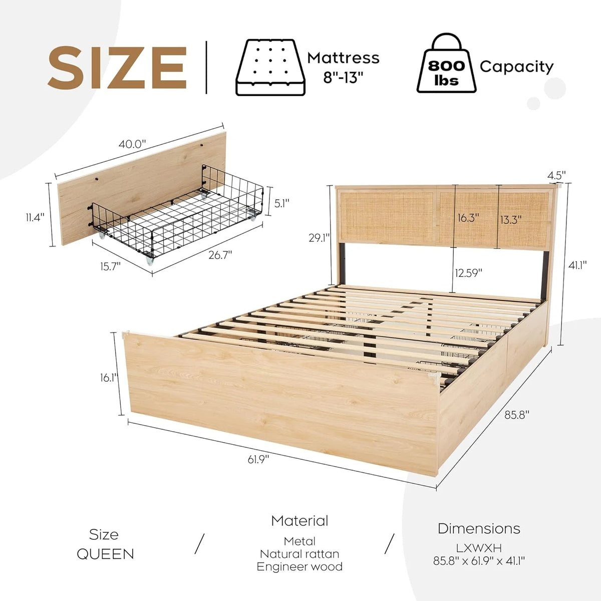 Natural Rattan Queen Bed Frame with Wooden Headboard and 4 Storage Drawers K2078