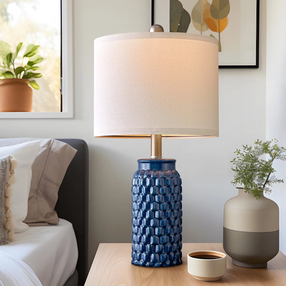 Modern Table Lamp Set of 2 Dark Blue Ceramic C911601