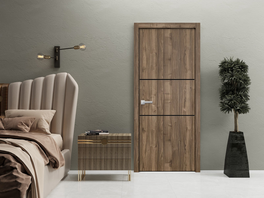 Solid French Door 32 x 84 inches Walnut with Frosted Glass Single Regular Panel Frame Trims Handle Z998