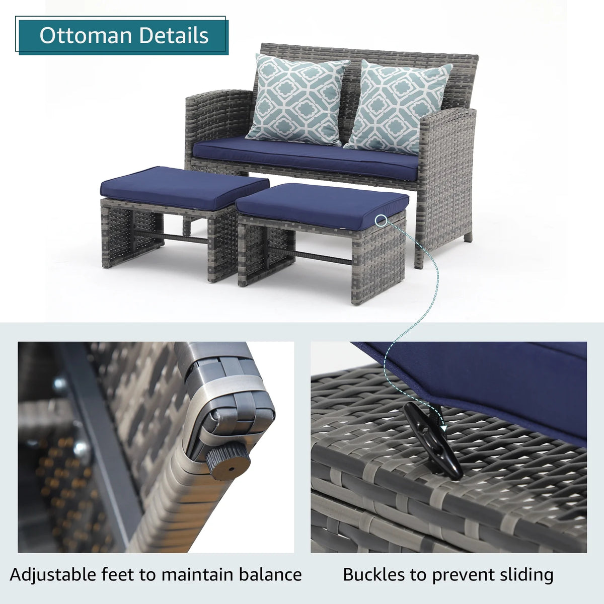 Grey Wicker Outdoor Loveseat with Ottoman and Pillows S747