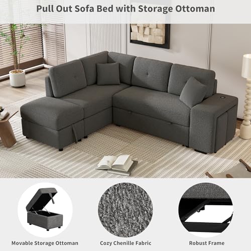 Cream Chenille L Shape Sleeper Sofa with Storage Ottoman and 2 Stools C8770