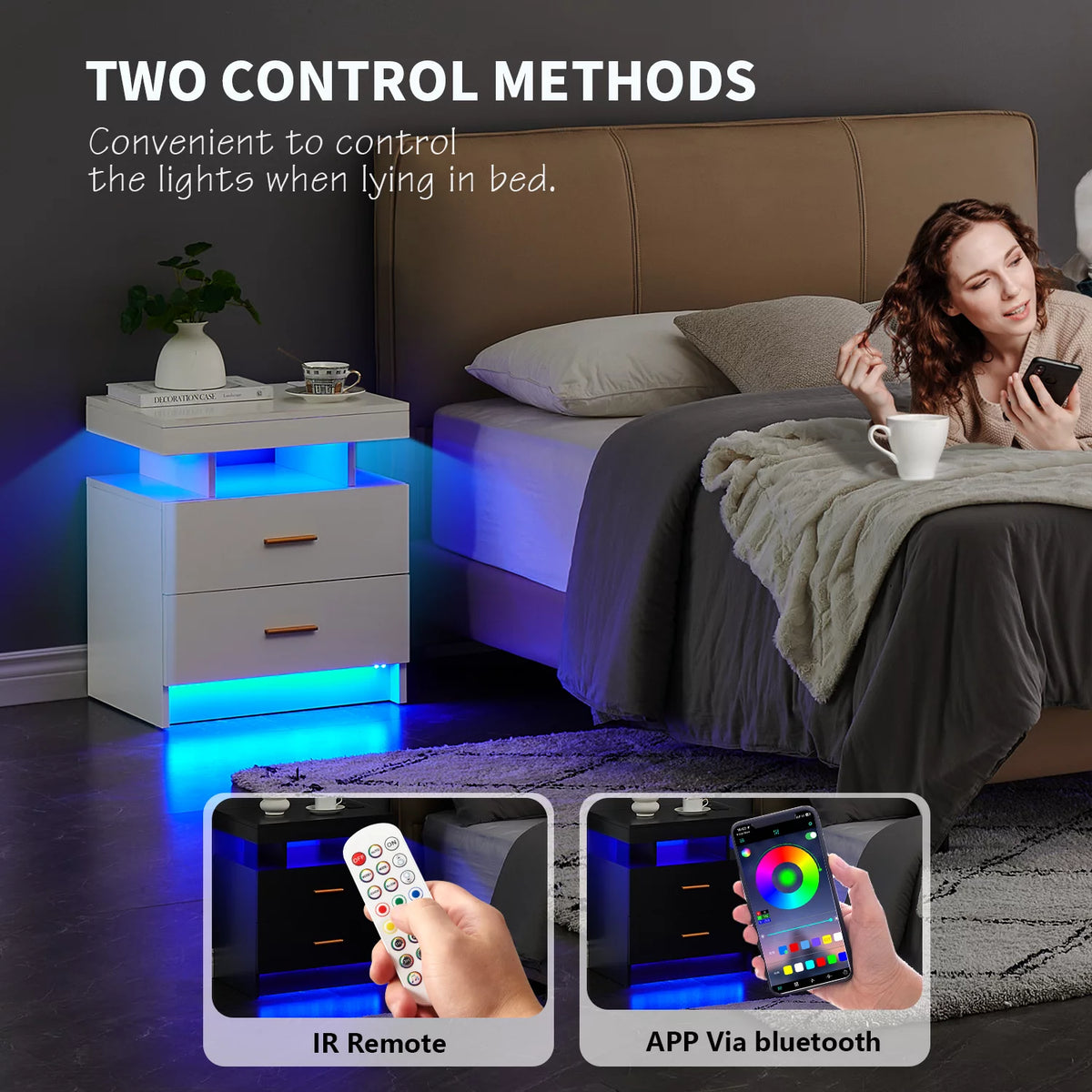 Black 2 Drawer LED Nightstand with Wireless Charging Station P802