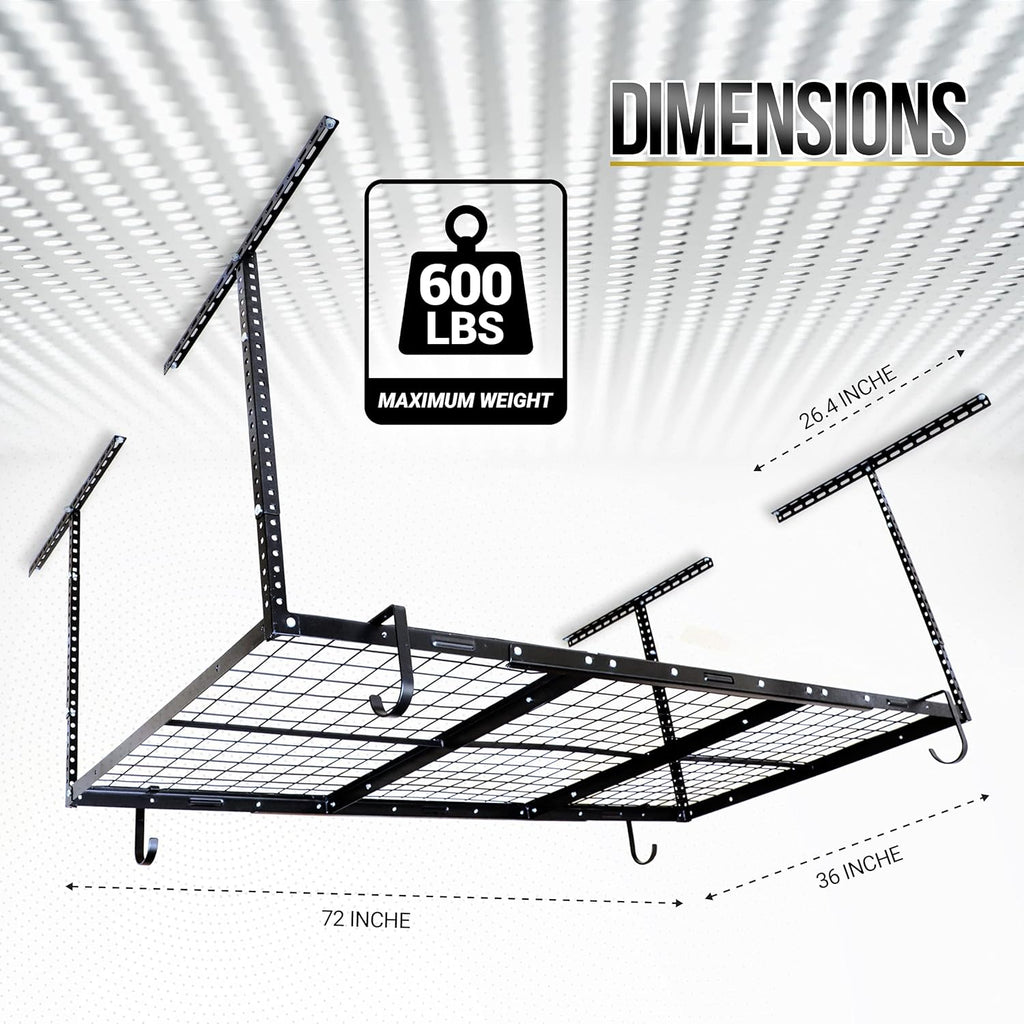 Overhead Garage Shelving Storage Rack, Adjustable 3’ x 6’, Heavy Duty Mounted Storage Shelves with 4 Flat Hooks Q127641