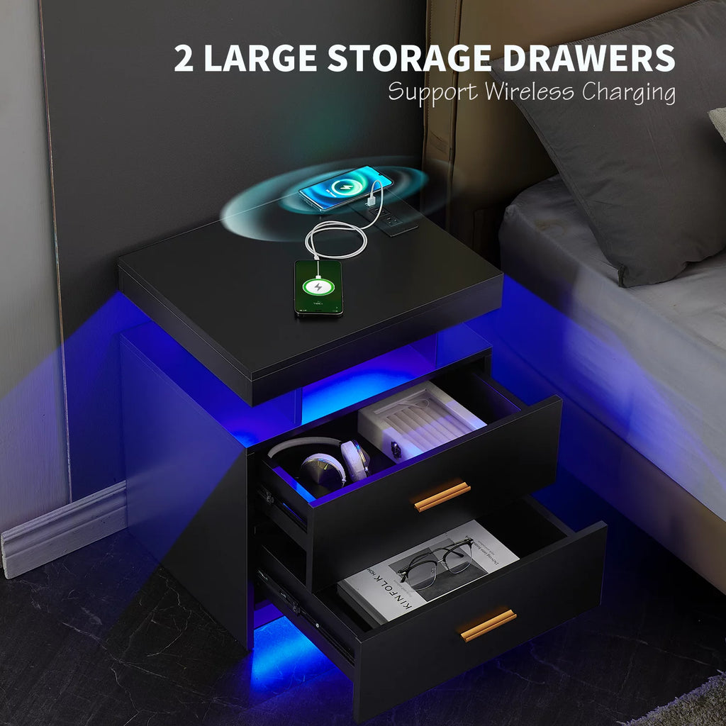 Black 2 Drawer LED Nightstand with Wireless Charging Station P802