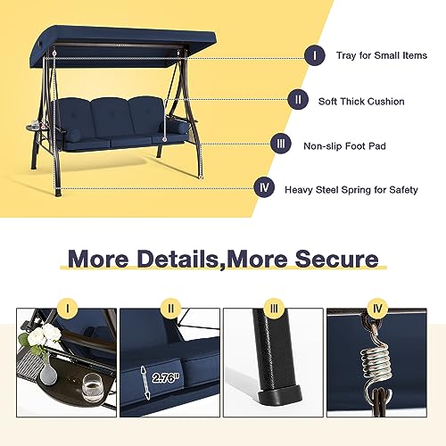 3 Person Outdoor Porch Swing with Cup Holder, Canopy, Cushions A2044