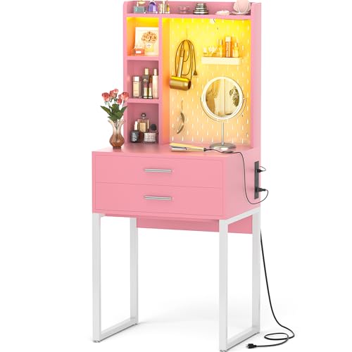 Pink Vanity Desk with Hutch and Drawers and LED Lights S877476
