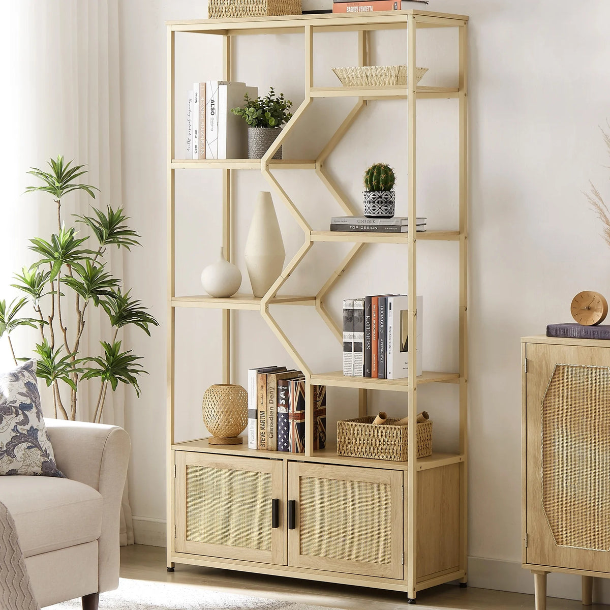 7 Tiers Rattan Bookcase with Doors F870199