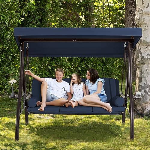3 Person Outdoor Porch Swing with Cup Holder, Canopy, Cushions A2044