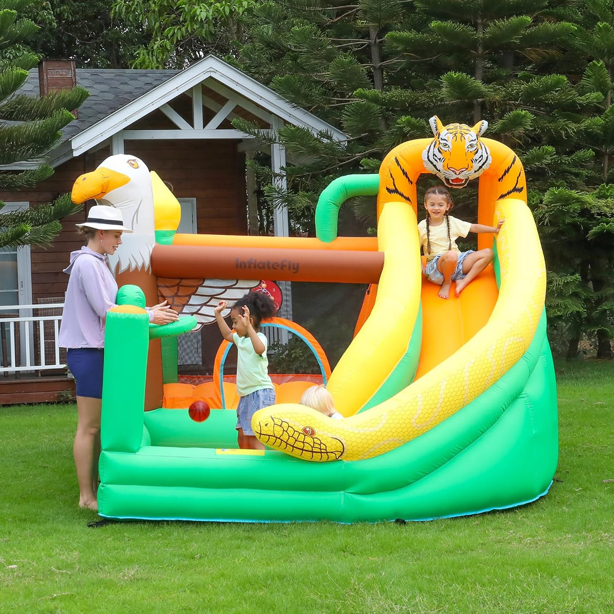 Inflatable Bouncy Castle with Slide and Basketball Hoop V923906