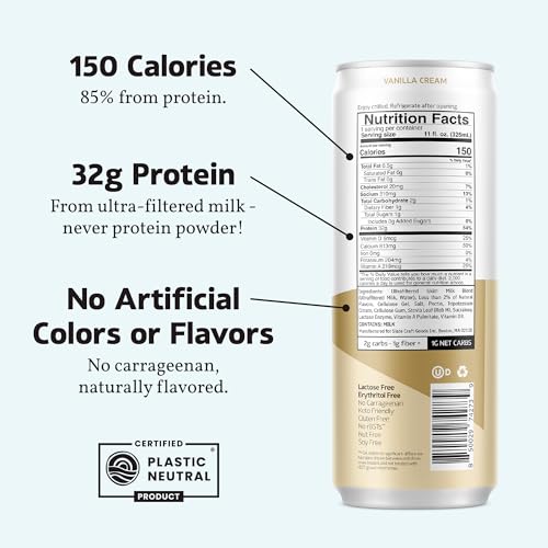 Vanilla Cream High Protein Nutrition Shake, 32g Protein, 1g Sugar, 150 Calories, 1g Net Carbs, Lactose Free, No Added Sugar, 11 fl oz, 12 Cans C7860
