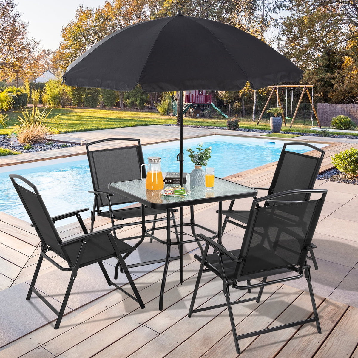 6 Piece Folding Outdoor Dining Set for 4 with Umbrella, Black P683514