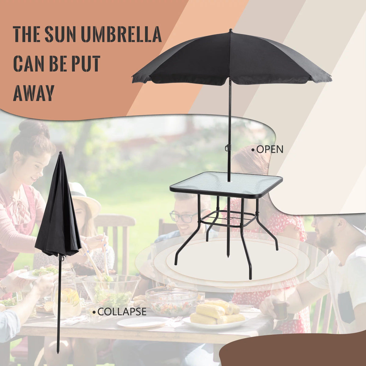 6 Piece Folding Outdoor Dining Set for 4 with Umbrella, Black P683514