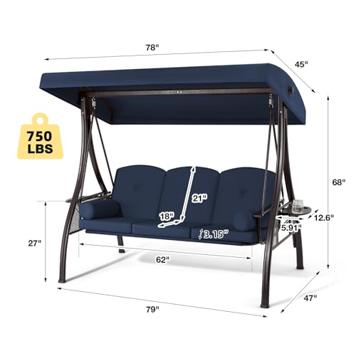 3 Person Outdoor Porch Swing with Cup Holder, Canopy, Cushions A2044