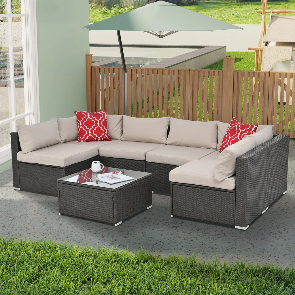 7 Piece PE Rattan Patio Furniture Set with Cushions and Glass Coffee Table Y4333