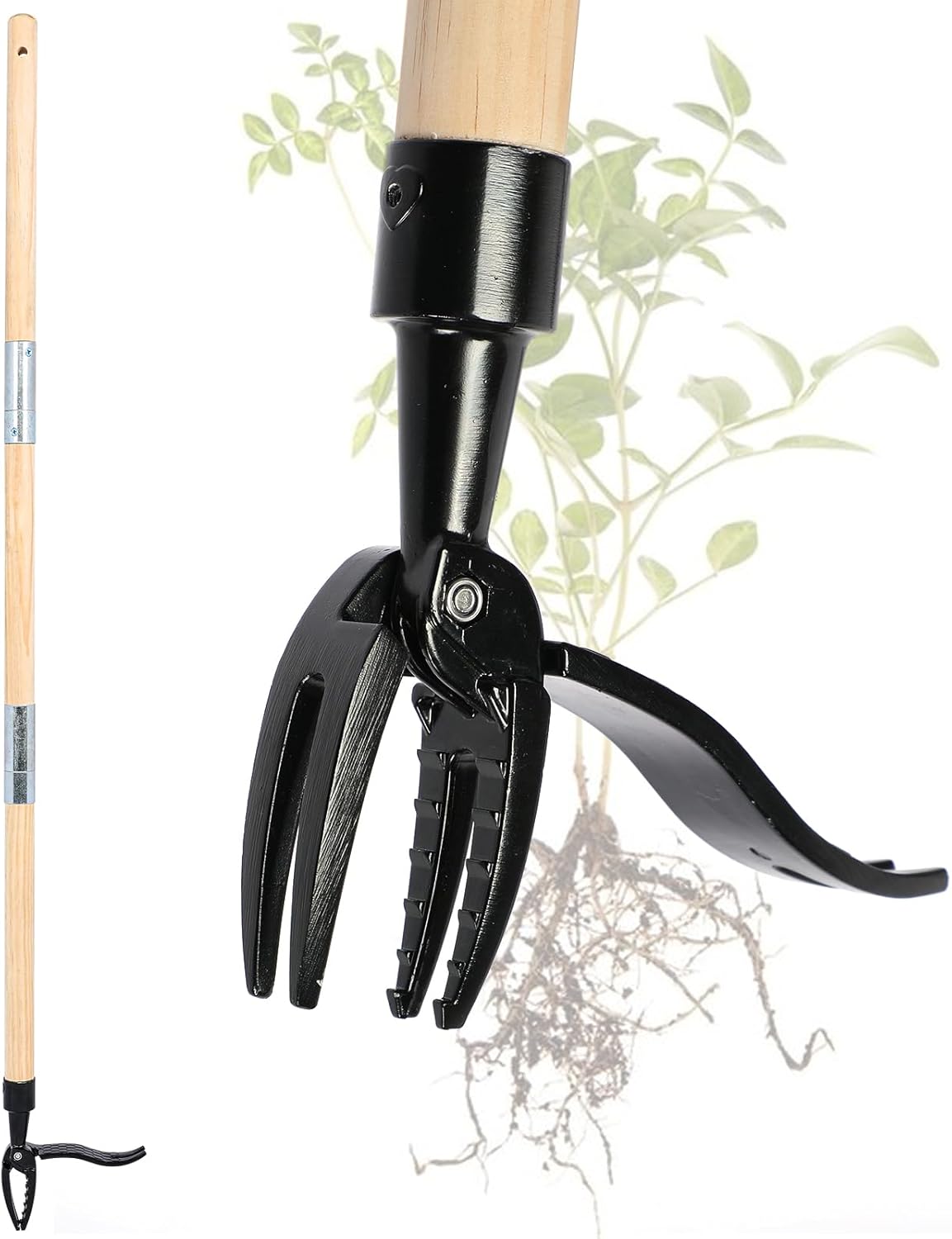 Manual Weeder, Weed Remover Tool with Long Handle - Real Wood & 4-Claw Steel Head U34372