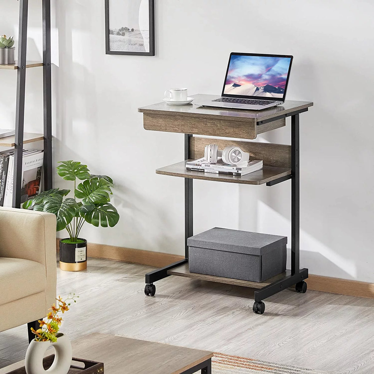 Rolling Computer Desk with Wheels Taupe Wood W603636