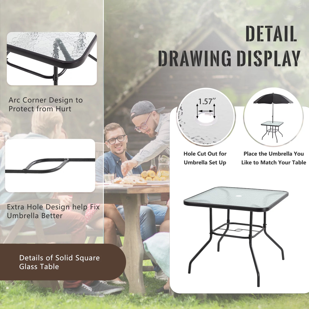 6 Piece Folding Outdoor Dining Set for 4 with Umbrella, Black P683514