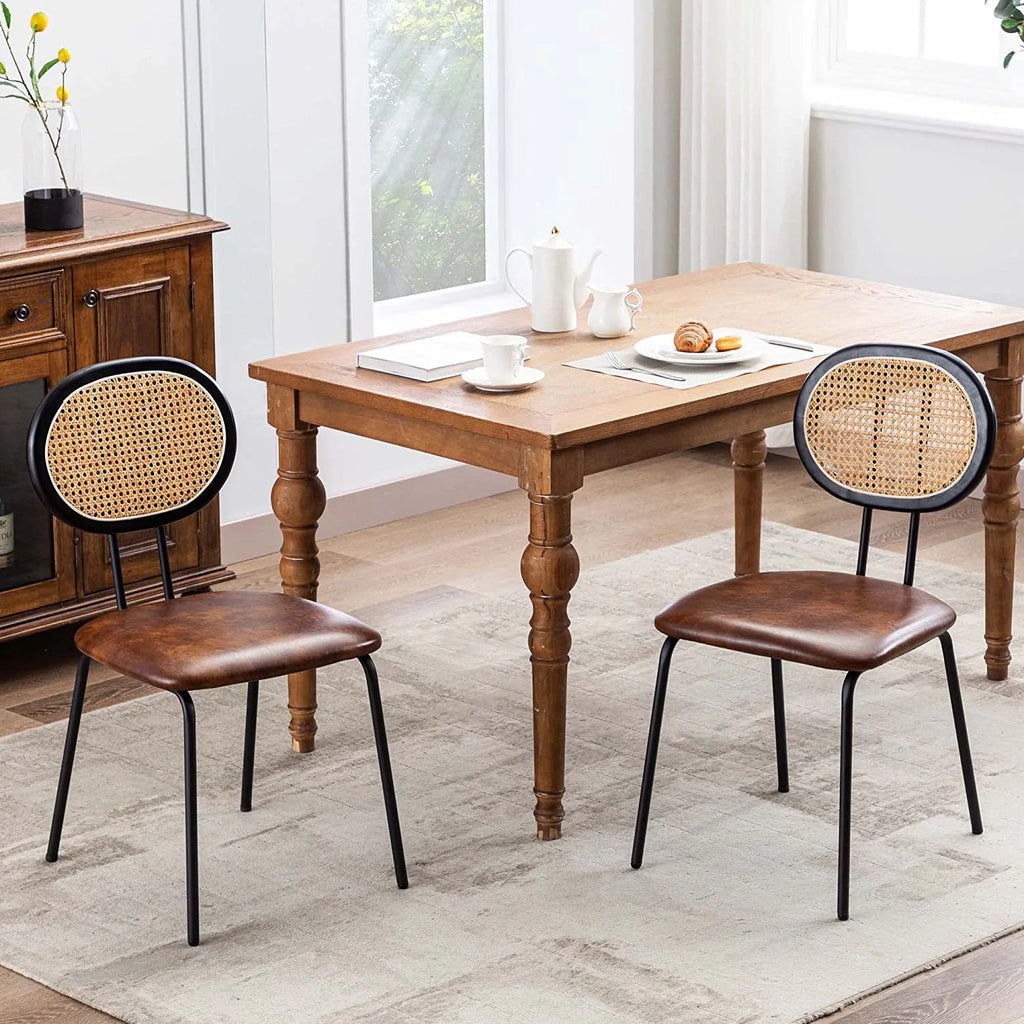 Brown Faux Leather Dining Chairs with Rattan Back and Metal Legs J457641