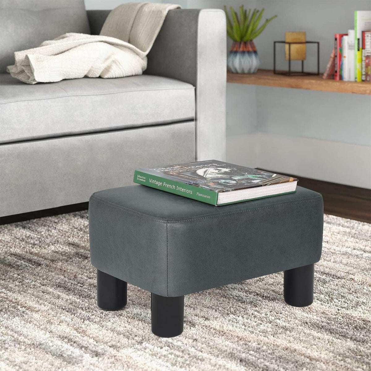 Fabric Rectangular Ottoman Footstool Dark Gray P983
