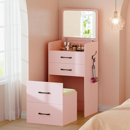 3 in 1 Vanity Desk with Flip Top Mirror and Cushioned Stool U7588