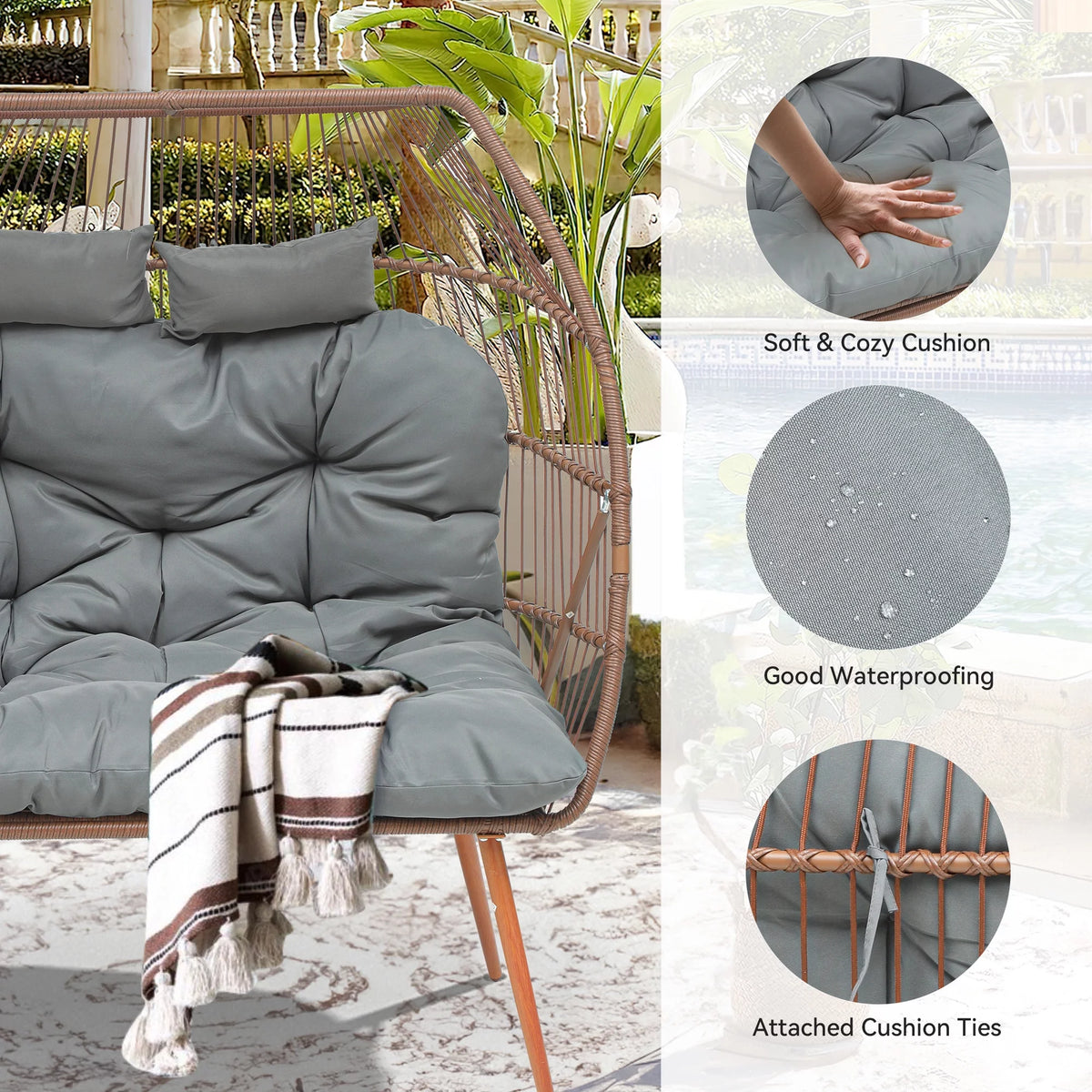 Double Egg Chair with Legs Wicker Egg Chair with Cushions E69362