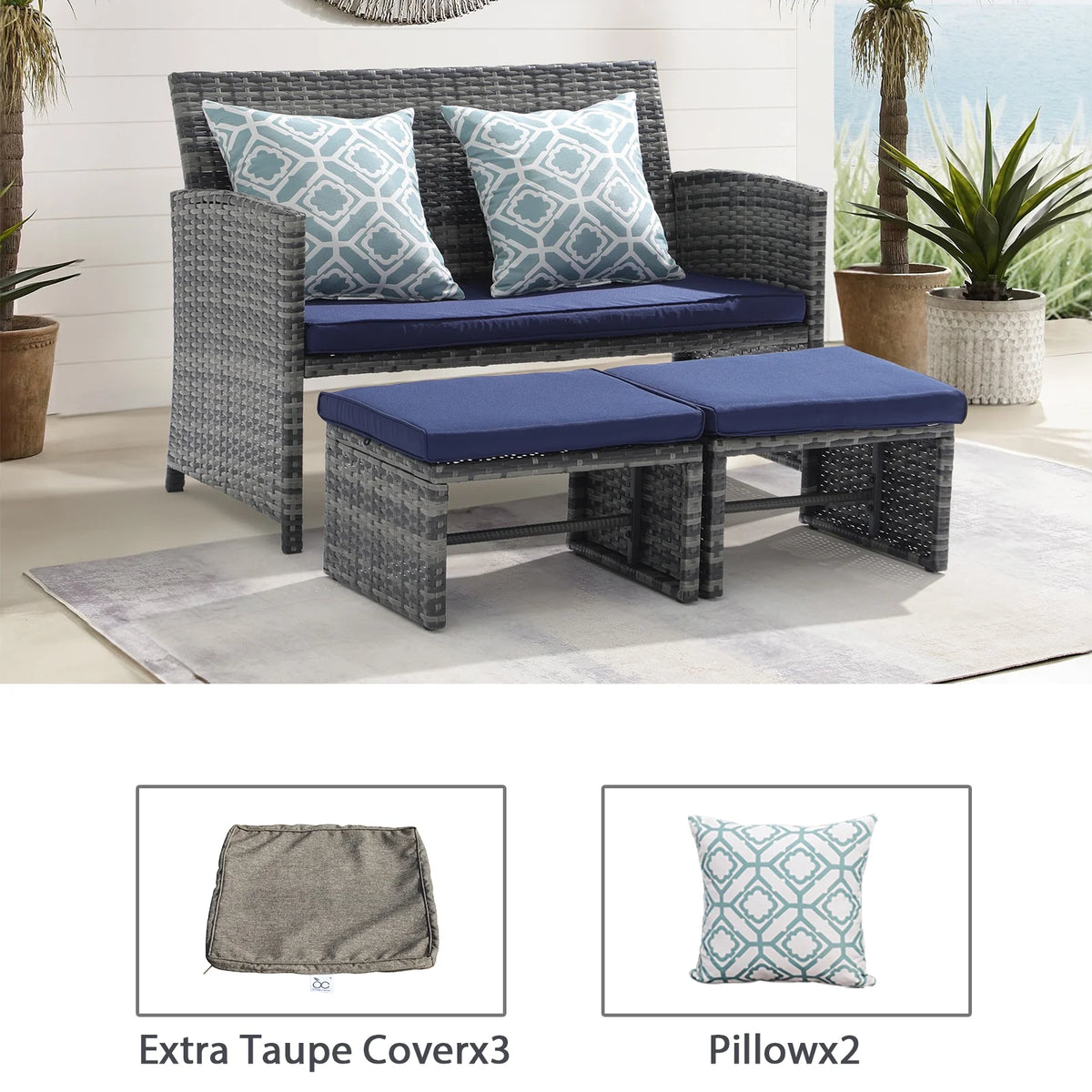 Grey Wicker Outdoor Loveseat with Ottoman and Pillows S747