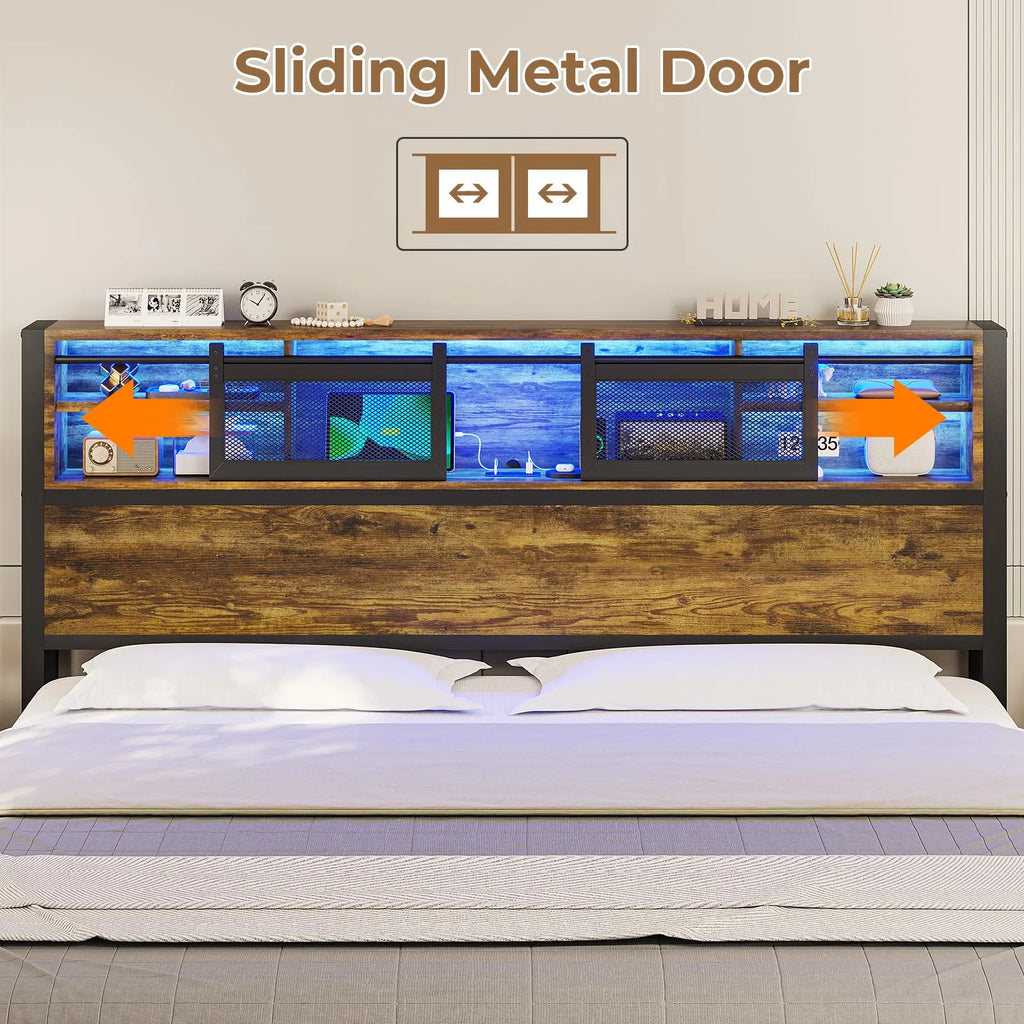 Queen Size Metal Platform Bed Frame with Storage Headboard F664927