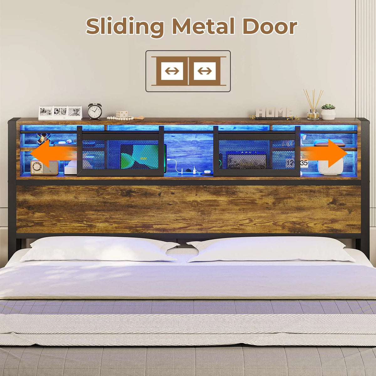 Queen Size Metal Platform Bed Frame with Storage Headboard F664927