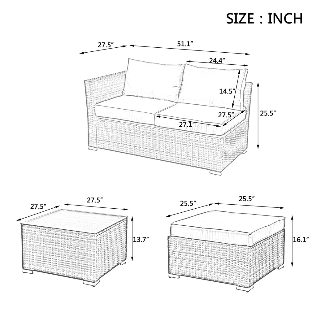 4 Piece All Weather Wicker Rattan Patio Sofa Set with Cushion and Glass Table A63835