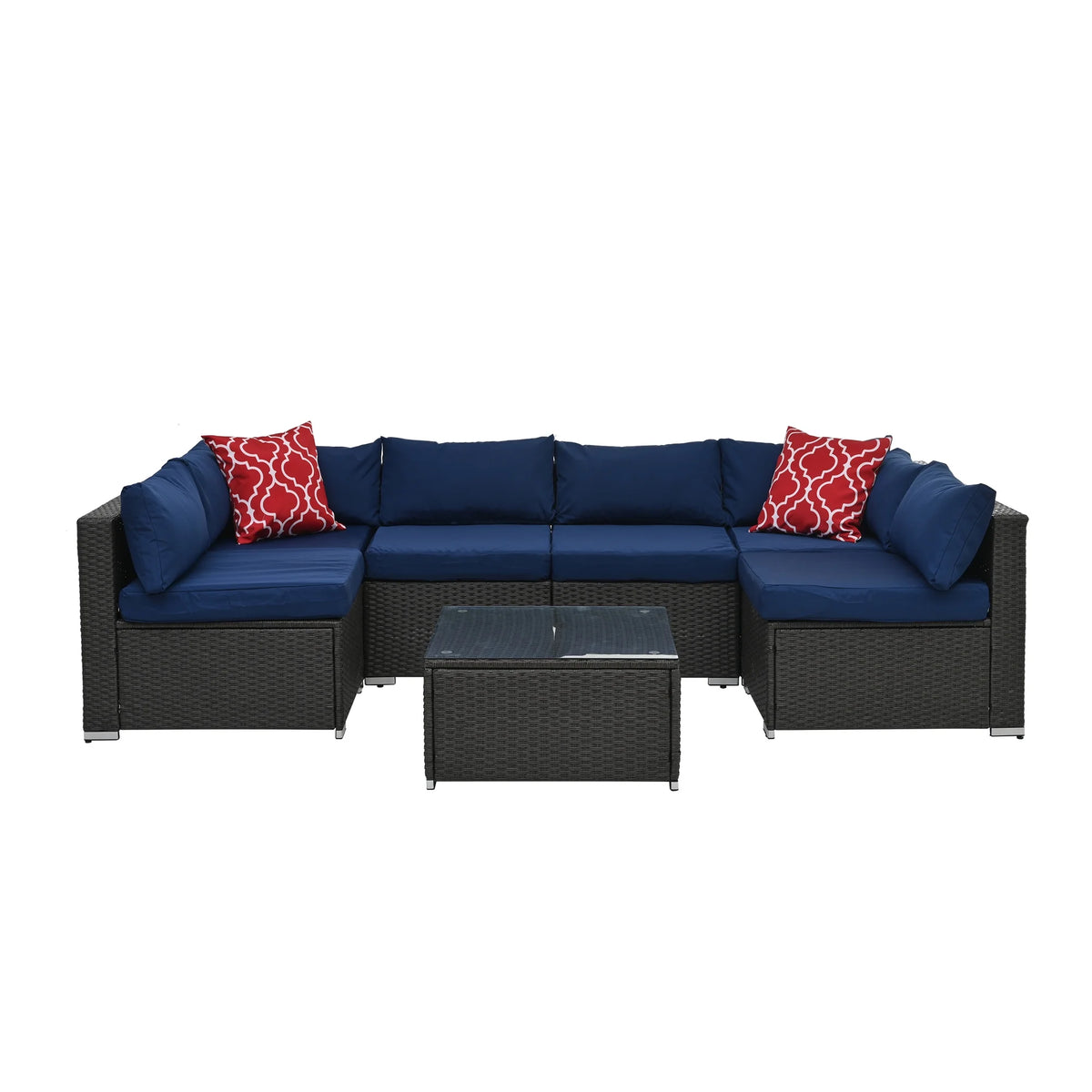 7 Piece PE Rattan Patio Furniture Set with Cushions and Glass Coffee Table Y4333