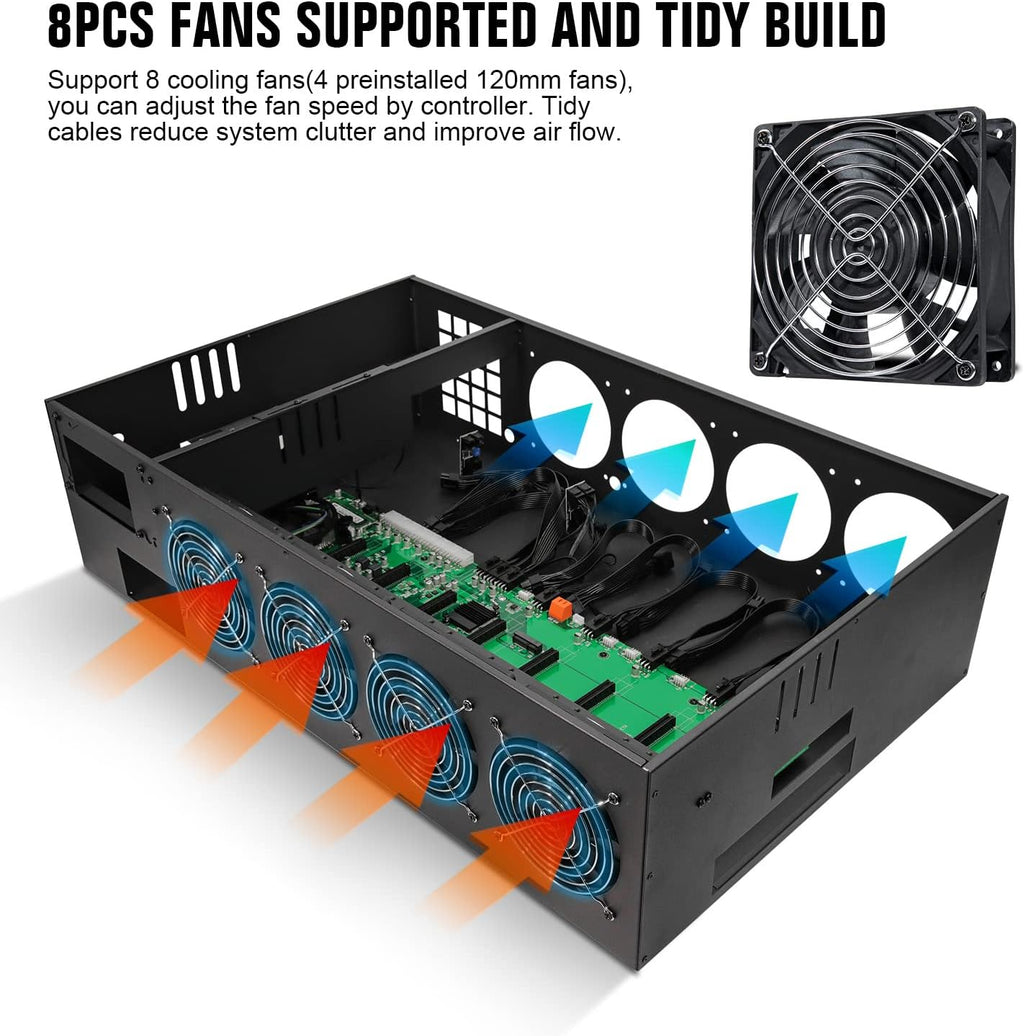 8 Ports GPU Mining Frame Case with 4 Cooling Fans Black A6328