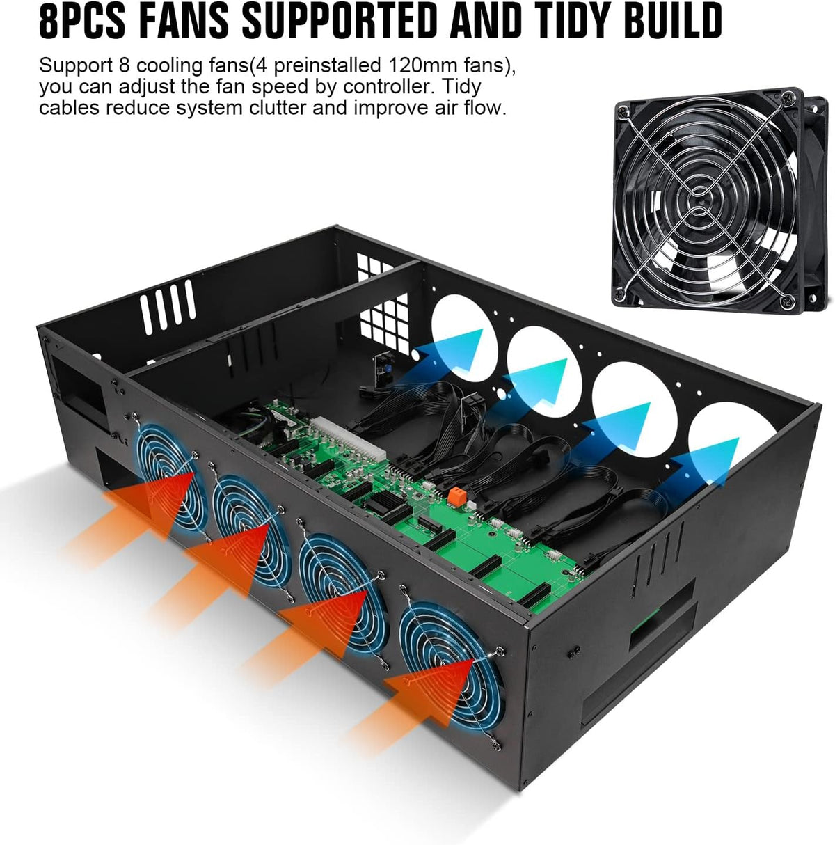 8 Ports GPU Mining Frame Case with 4 Cooling Fans Black A6328