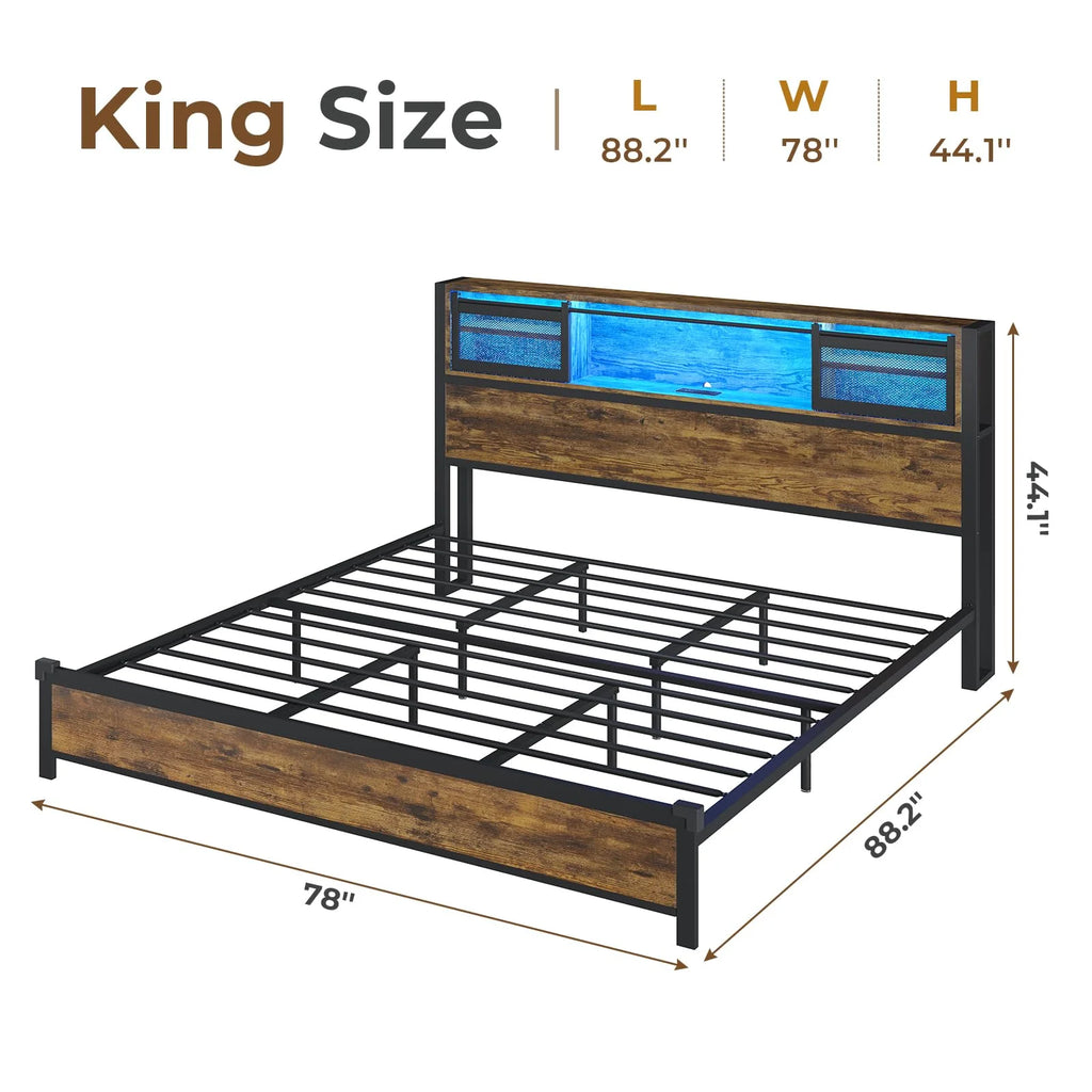 Queen Size Metal Platform Bed Frame with Storage Headboard F664927