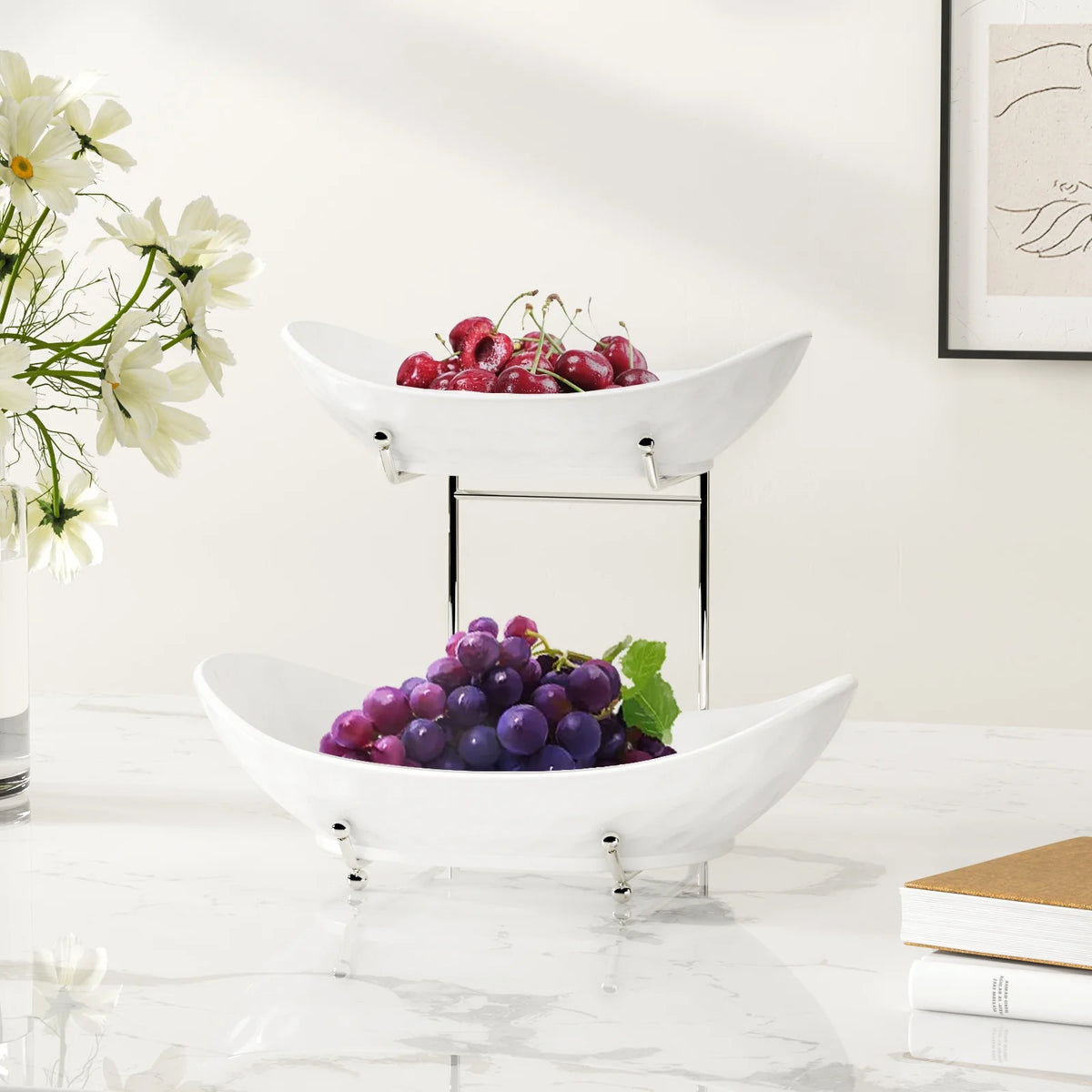 2 Tier Ceramic Fruit Bowl with Metal Rack U1628