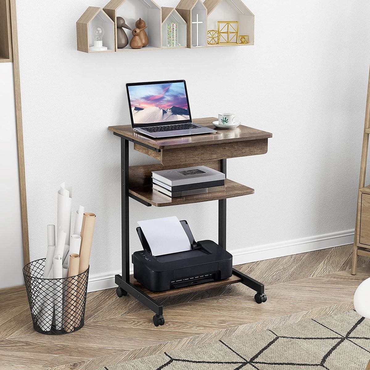 Rolling Computer Desk with Wheels Taupe Wood W603636