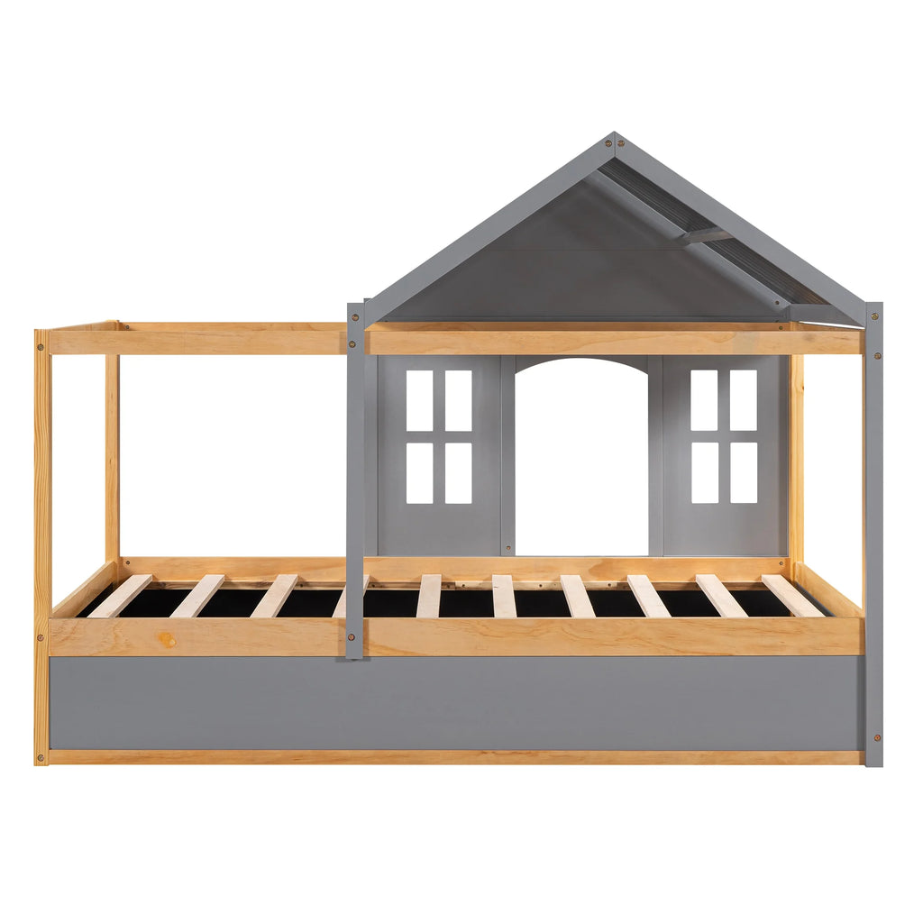 Wood Twin Size House Bed with Roof and Blackboard W1271