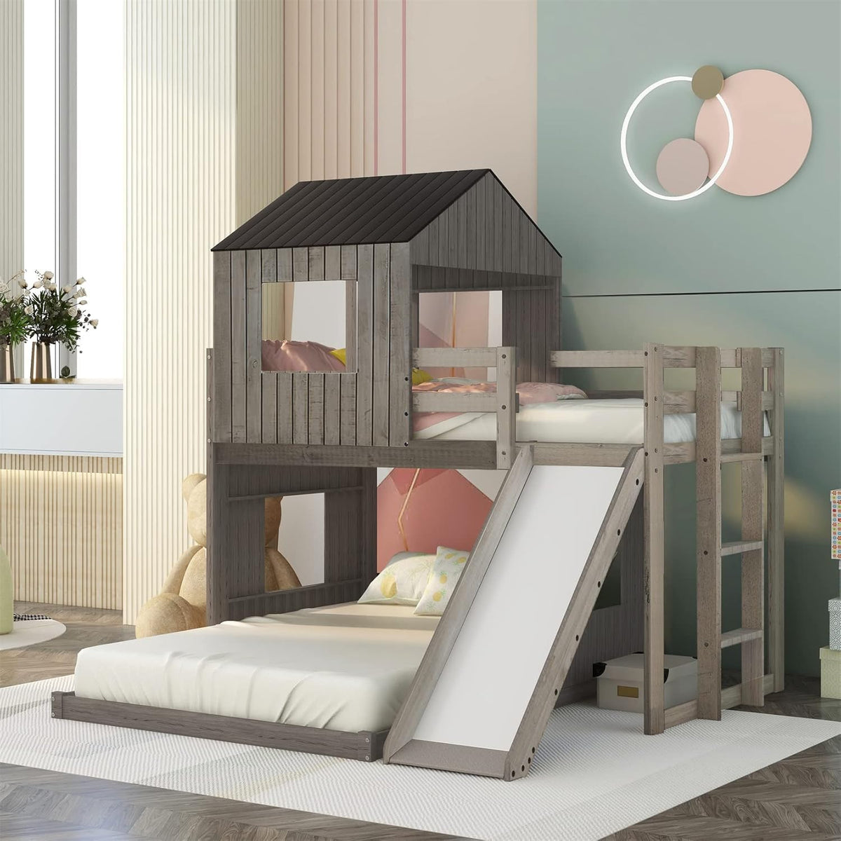 White Twin Over Twin Wood Bunk Bed with Slide and Storage Staircase O469582