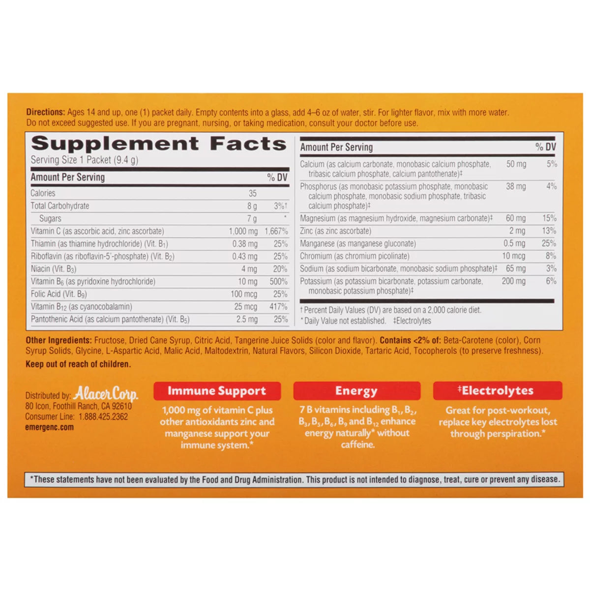30 Count Tangerine Flavor Dietary Supplement Drink Mix with 1000 mg Vitamin C, 0.33 Ounce Packets K86304