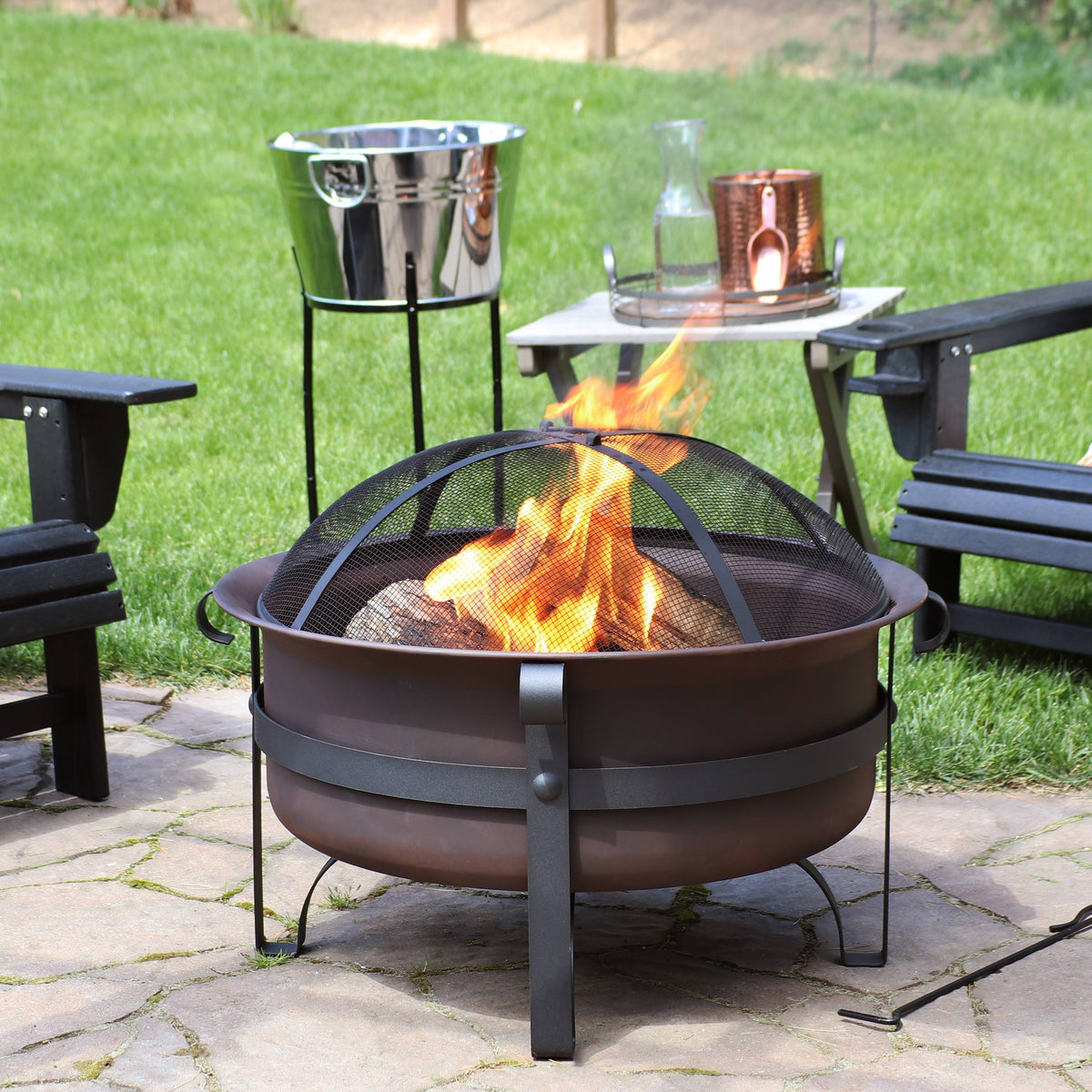 Bronze Steel Fire Pit with Spark Screen - 29-inch I752132