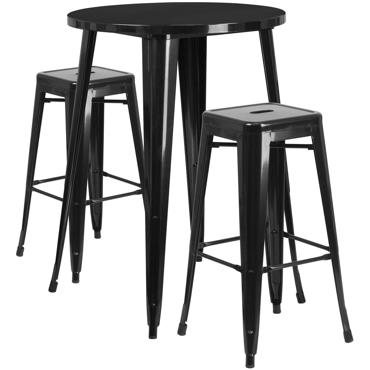 30" Round Black Metal Indoor-Outdoor Bar Table Set with 2 Backless Stools D42294