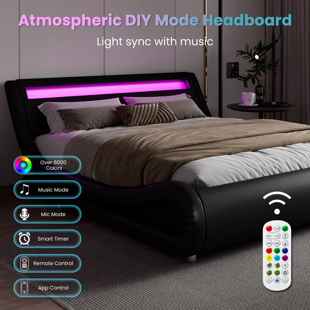 Queen Size Upholstered Bed Frame with LED Headboard, Black N186