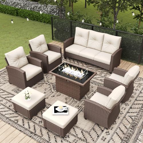 4 Piece Wicker Patio Furniture Set with Fire Pit Table Z2876